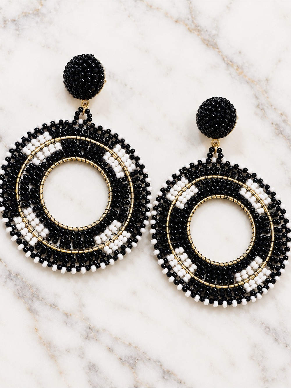Black White Beaded Statement Earrings Oversized Boho Hoop Dangle - Picture 2 of 7